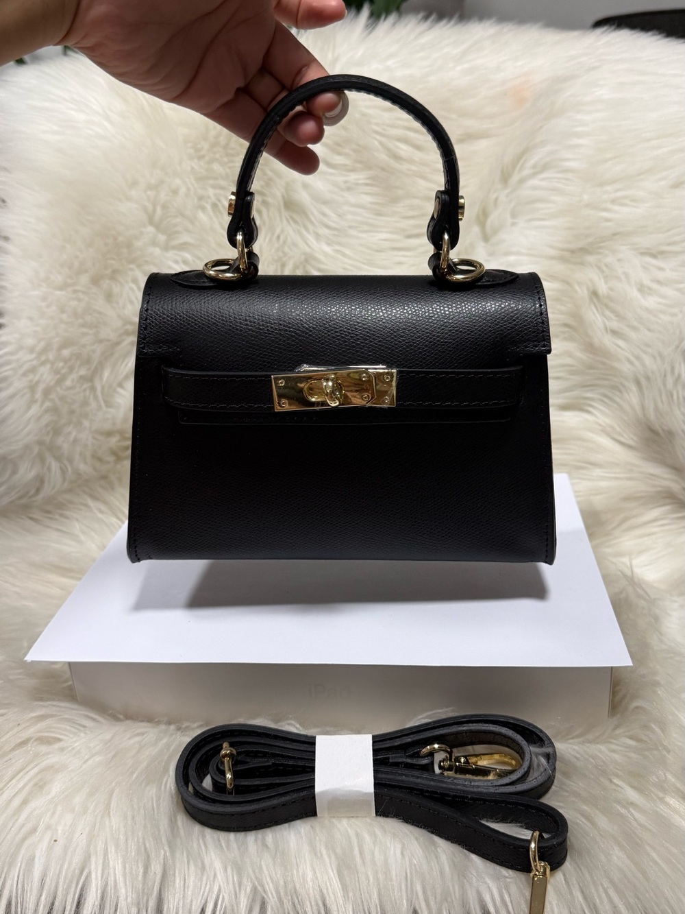 Genuine Italy Leather Structured Top Handle Bag 2 Way Black
